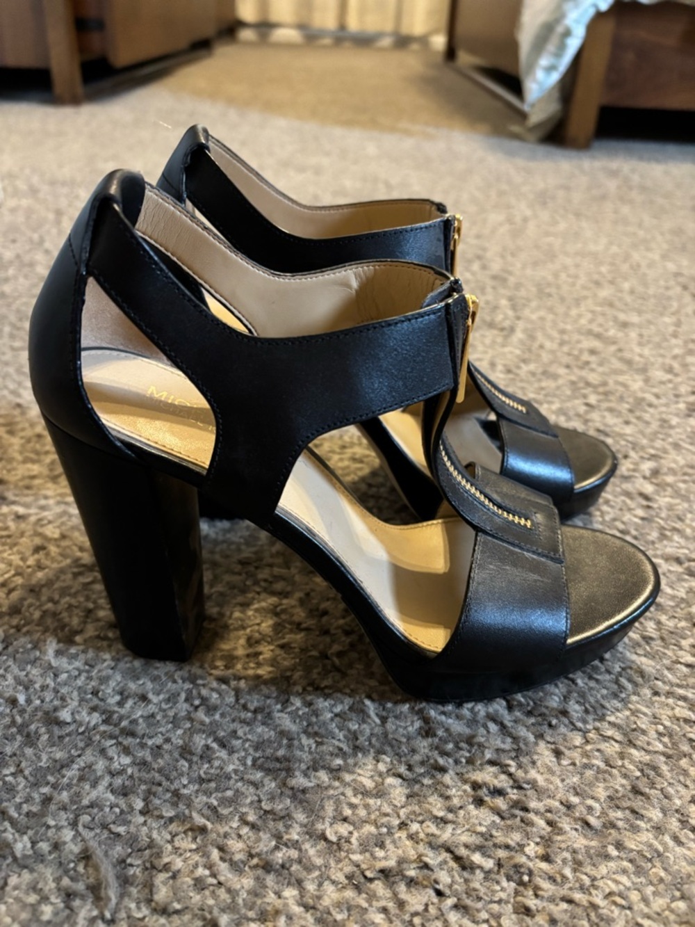 Michael Kors Black Block Heel Sandals with Gold Zip Detail